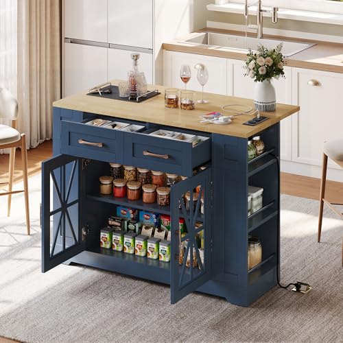 Îlot de Cuisine avec Station de Charge, Chariot de Cuisine à roulettes avec Plan de Travail Rabattable, Racks à Épices, 2 Tiroirs et Étagère Réglable,...