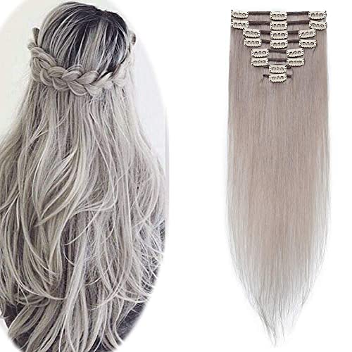 Hairro Real Human Hair Extensions 18 Inch Long Grayish 50g Thin 8 Pcs 18 Clips Straight Hairpieces for Women