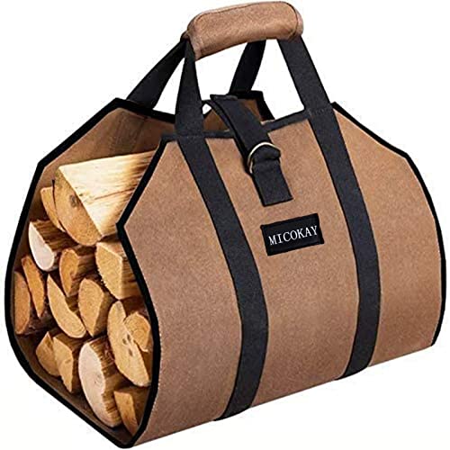 MICOKAY - MICOKAY Firewood Carrier Bag for Log, Durable Waxed Canvas Tote Bag with Handles, Waterproof Fireplace Wood Stove Accessories for Outdoor Camping Beach Campfire-39 x18 Inch(Brown) - -10%