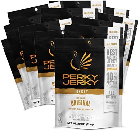 Perky Jerky Original Turkey Jerky, Low Sodium - 10g Protein per Serving - Low Fat - 100% U.S. Sourced - Tender Texture and Bold Flavor, 2.2 Ounce (Pack of 12)