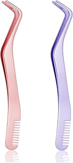 2pcs Eyelash Tweezers, 2 in 1 Eyelash Applicator Tool with Comb, Stainless Steel Lash Extension Tweezers, Lash Tweezers for Cluster Lashes DIY Eyelash Extension(Purple & Pink)
