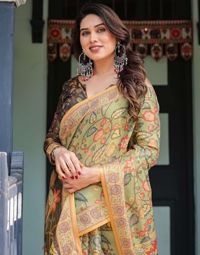 Image of SIRIL Women's Cotton Linen Printed Handloom Saree with Unstitched Blouse Piece