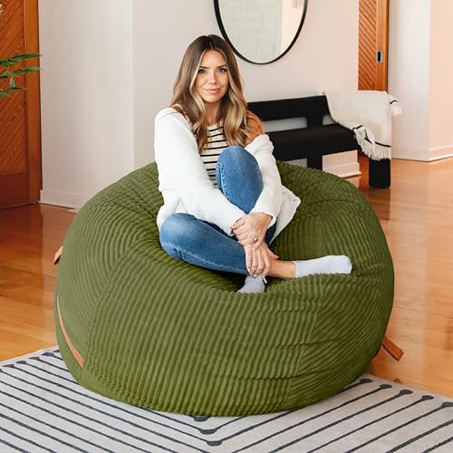 Image of Big Joe Fuf 5Ft Oversized Foam Bean Bag Chair with Removable Cover for Kids, Teens, Adults, Moss Green, Corded Plush, 5 Foot Large Reading and Gaming Seat