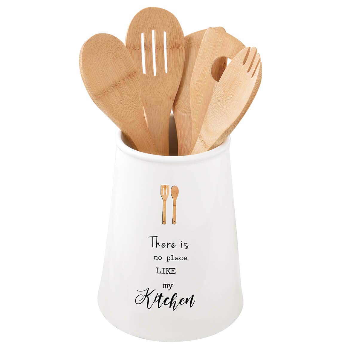 EASY LIFE Porte Ustensile D15 H19 cm en Porcelaine-avec 5 Ustensiles de Cuisine en Bambou D Kitch - 1911KITE