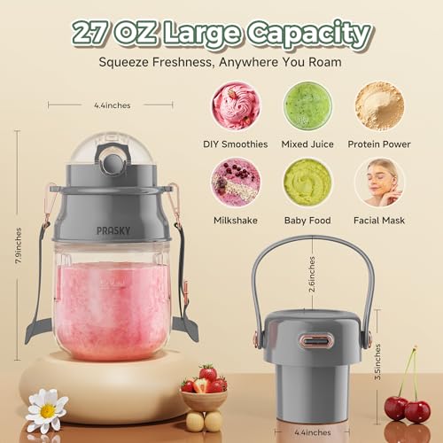 Image of Portable Blender, Prasky Personal Blenders for Shakes and Smoothies with 27oz Cup, Lid and Shoulder Strap, Type-C USB Rechargeable, Personal Size Blenders BPA-free for Travel /Kitchen (Gray)