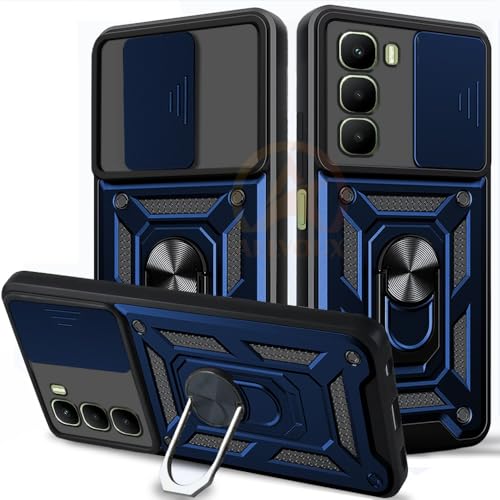 Image of Armor Bumper Back Cover Case for Infinix Hot 60 5G | Rotating Camera Cover, Ring Holder & Kickstand | Heavy Duty & 360 Degree Protection Infinix Hot 60 5G Back Cover (Blue)