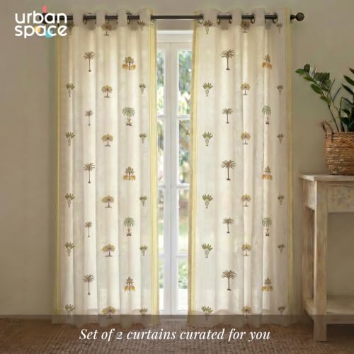 Image of Urban Space 100% Cotton Floral Curtains 8 Feet Long Set of 2, 60-65% Room Darkening, Decorative Curtains with Eyelets /Rings for Hanging, Tieback Included (Madhavi Yellow, Long Door - 8 Feet)