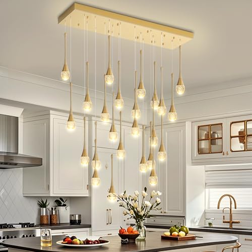 ykolupty 24-Lights Rectangular Chandelier Crystal Raindrop Chandeliers Flush Mount Ceiling Light for Dining Room Living Room High Ceiling Chandelier for Staircase Foyer Entryway Gold Chandeliers by ykolupty - Used condition