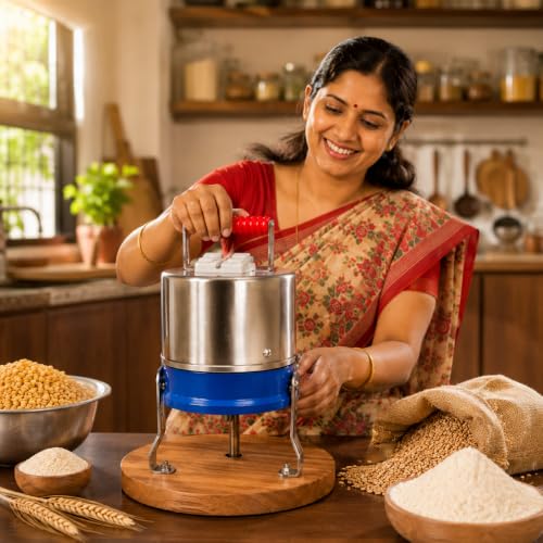 Image of DRUMSTONE ( 2026 Brings 5 Years WARRANTY ) Copper Motor Grain Mill Machine Heavy Duty Flour Grinder for Home & Small Business Use, Pure Wood Base, Powerful 8 No. Madhana