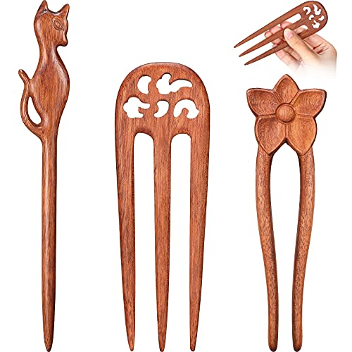 3 Pieces Hair Sticks Cat Wooden Hair Stick Retro Wooden Hairpin Vintage Chopsticks Handmade Carved Wood 3-Prong Hair Fork for Women Girls Handmade Hair Bun, Bun Chignon Decorative Hair Accessories