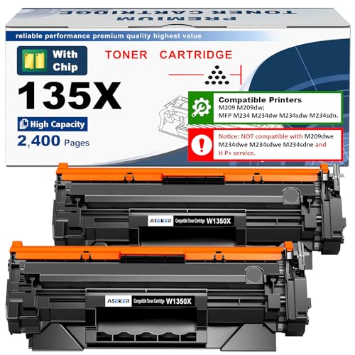 135X W1350X ( 135A W1350A ) Tóner Cartucho [con chip] Alto rendimiento 2400 páginas Compatible para HP LaserJet M207dw M209 M209d M209dw M234 M234d M234dw M234sdw M234sdn M235sdw Impresora ( 2 negro )