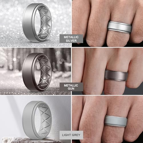 Egnaro Silicone Wedding Rings Mens, Inner Arc Breathable Design Silicone Rings for Men, 7 Rings / 4 Rings / 1 Ring Step Edge Rubber Wedding Engagement Bands Comfort for Workout, 8mm Wide-2mm Thick4