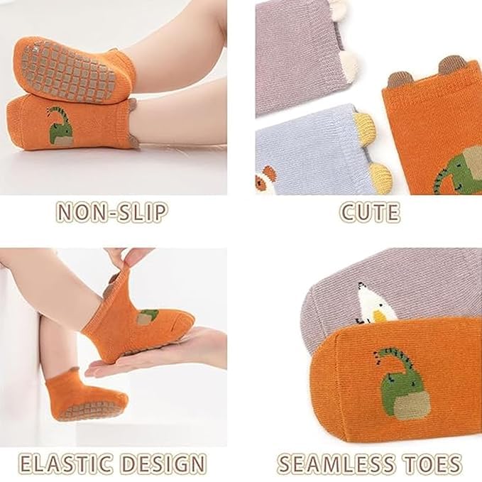 Image of 5Pcs Set Non-Slip Baby Socks Summer Season For 0-3 Years, Anti Slip Grip Ankle Socks With Non Skid Soles Infants, Baby Socks With Grip For Toddler Baby Girl Boys Cartoon Socks