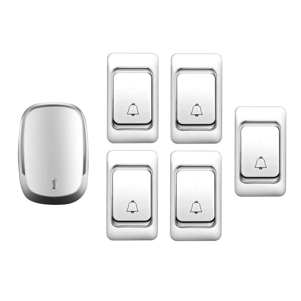 Campanello Wireless Impermeabile IP44, Kit Campanello per Porta a Distanza Ultra Lunga per la casa, 5 Pulsanti + 1 Ricevitore, 36 suonerie, 4 Livelli di Volume, Oro,Bianco