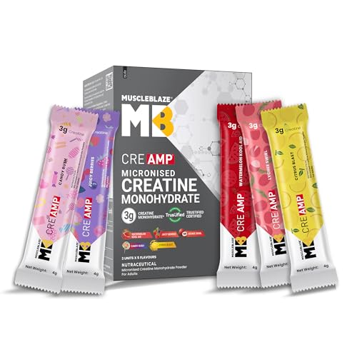 Image of MuscleBlaze Micronised Creatine Monohydrate CreAMP Powder Assorted Flavours (15 Sachets, 4g Each) - Citrus Blast, Watermelon Kool Aid, Juicy Berries, Candy Rush & Lychee Swirl | Travel Pack | Trustified Certified Creatine