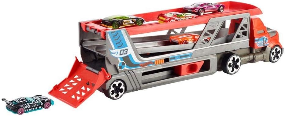 Hot Wheels HW Launcher Truck GJY50 with its rear ramp extended and a car being launched.