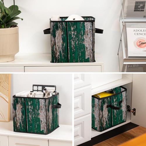 Cube de rangement vert sarcelle imprimé bois rustique avec poignées