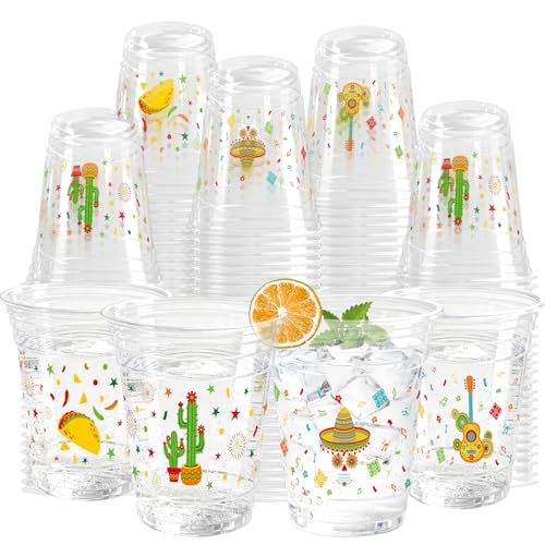 KOPOOEOE 100 Pack Fiesta Plastic Cups 12 oz 2 Styles Mexican Cinco De Mayo Disposable Cups Mexican Party Favor Drinking Beverage Cup for Taco Birthday Hispanic Heritage Month Party Supplies