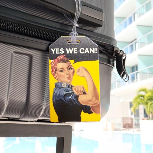 Image of 2 Pack - Rosie the Riveter inchYes We Can inch Luggage Tags with Plastic Loop & Contact Display - Iconic Travel ID Tag for Suitcases, Bags & Backpacks - Patriotic Feminist Empowerment Design Travel Accessory