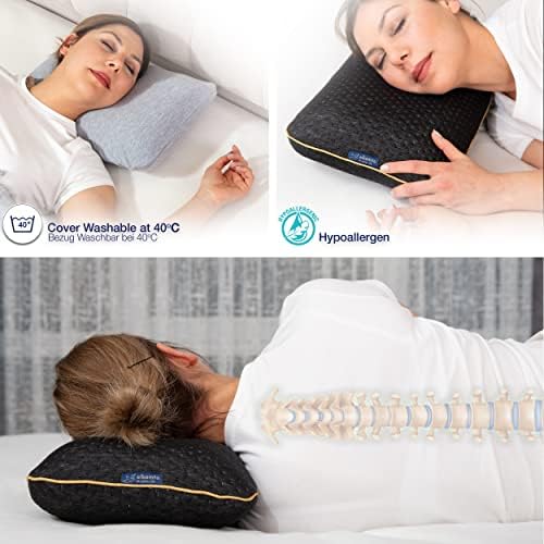 Alkamto Camping Pillow- Travel Pillow-Orthopedic Neck Support Pillow-Ergonomic Memory Foam- Black Thermoregulating cover with extra cotton cover-with waterproof carry bag for outdoor/travel-40x25x10cm