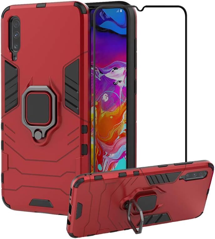Defender Kickstand Armor Case with Tempered Glass Screen Protector for Samsung Galaxy A70 Plus (Red)