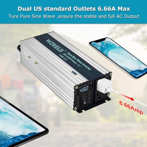 Image of WZRELB 600W Pure Sine Wave Inverter 12V DC to 110V 120V AC Power Converter with LED Display, Remote Controller, Off-Grid Power Inverter 1200W Surge for Home, RV, Truck, Camping