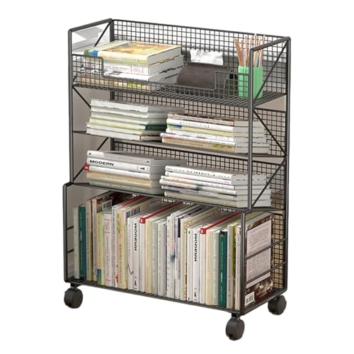 Image of 4 Tier Metal Rolling Utility Cart - Heavy Duty Bookshelf for Office, Dorm, Classroom, Library & Living Room - Versatile Corner Display & Magazine Rack