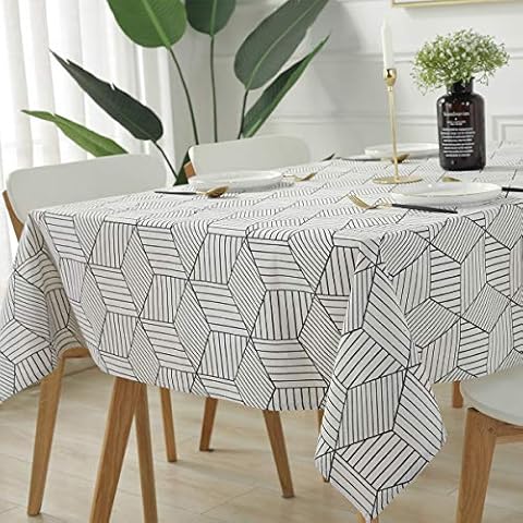 Rectangle Tablecloth Geometric Style- Cotton Linen Table Cloth Dust-Proof Table Cover for Kitchen Dinning Tabletop Decoration (Rectangle/Oblong, 130 x 180(4-6 Seats), White) Cover