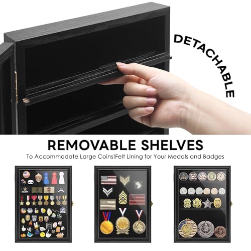 Image of Military Challenge Coin Display Shadow Box Holds Up to 70 Coins, Lockable Wall-Mounted Cabinet for Medals, Pins, Patches & Ribbons, Removable Shelves, Pinnable Velvet Backing, UV Acrylic Door(Black)