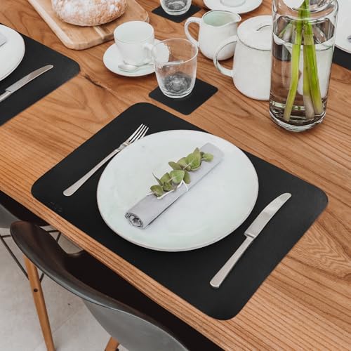MIQIO Lot de 18 sets de table en cuir synthétique - Lavables - 6 sets de table, dessous de verre, ronds de serviette - Noir - Rectangulaires – vue 3