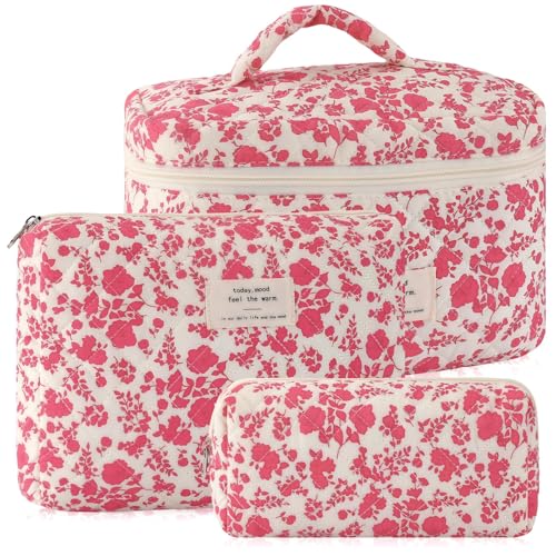 URSKYTOUS 3Pcs Makeup Bag Quilted Cosmetic Bag Set Bow Travel Large Makeup Pouch for Women Cute Portable Cotton Toiletry Bag Skincare Organizer Coquette Vintage Travel Essential