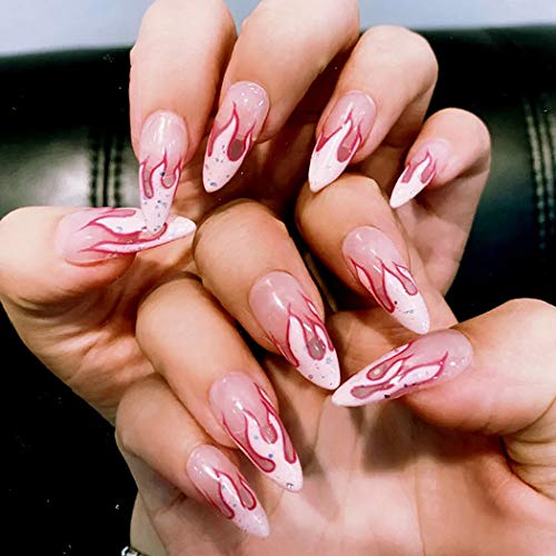 Sethexy Lustroso Largo Estilete Uñas postizas Rosado Brillantina Uñas postizas Fuego Diseño artístico Salón Puntas de uñas Cobertura total Acrílico 24 piezas Presione en las uñas para mujeres y niñas Cover