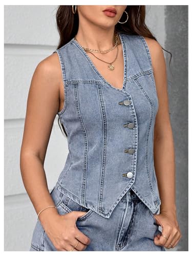 MakeMeChic Women's Denim Vest Tops Sleeveless Button Down V Neck Asymmetrical Hem Crop Jean Vest3