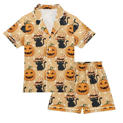 Satin Pajama Sets Short Sleeve Halloween Cats Pumpkins Button Down Silky Nightwear 2 Piece PJS 5-14Y