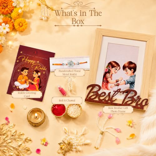 Image of Art Street Rakhi Gift Combo with Best Bro Wooden Photo Frame, Designer Rakhi, Greeting Card, Roli Chawal | Raksha Bandhan Gift Hamper for Brother | Personalized Gift Set