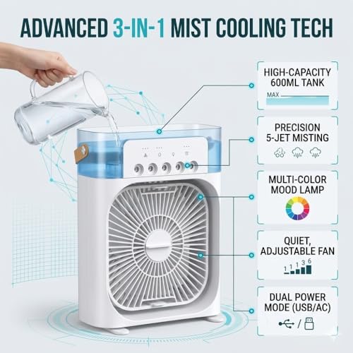 Image of Elevea 𝟏𝟓-𝐘𝐚𝐫 𝐋𝐨𝐧𝐠-𝐋𝐢𝐟𝐞 𝐖𝐚𝐫𝐫𝐚𝐧𝐭𝐲, Mini Air Cooler Fan, Portable Spray Cooling Fan with Adjustable Speed and Timer, Personal Desk Cooler for Indoor Daily Use and Travel