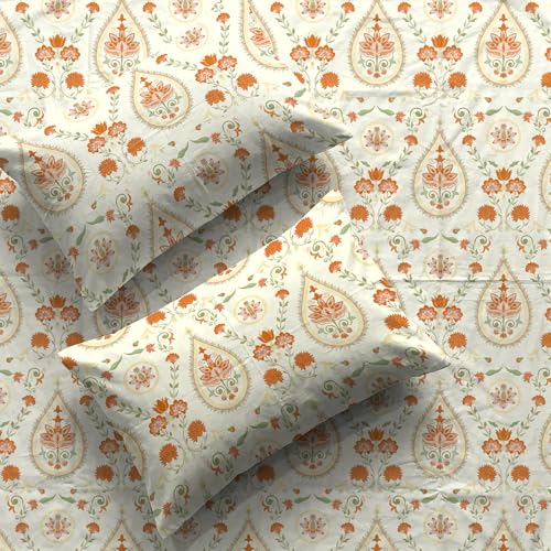 Image of Urban Space Serene 200 TC 100% Cotton Bedsheet for King Bed, Cotton King Bedsheet with 2 Pillow Covers (Persian-Courtyard Buttercream, Size 108 x 108 inches)