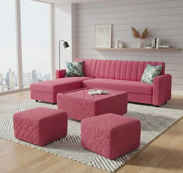 Pink Sectional Sofa Set with Ottoman and Coffee Table, Quilted Fabric, L-Shaped, with Accent Pillows 1