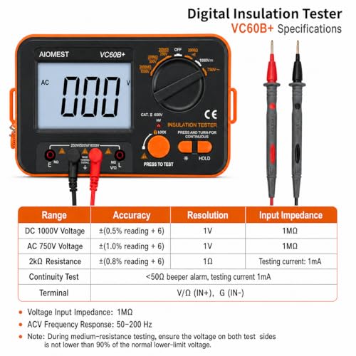 Image of AIOMEST Digital Megohmmeter Megaohm Meter with 250V /500V /1000V Test Voltage Testing Insulation Resistance IR 0.1MΩ~2GΩ, Measure AC DC Volt Ohm, Continuity Tester, Megaohmeter w /Over-Range Indicator