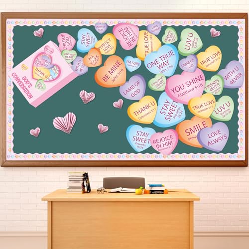 3D Valentine’s Day Conversation Heart Christian Bulletin Board Decorations Candy Heart Cutouts Border Trim Religious Jesus Sunday School Classroom Door Decor for Chalkboard Valentines Party Supplies