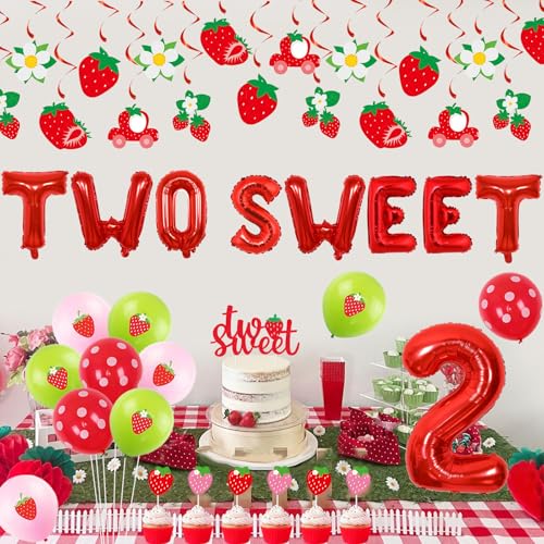 Kit anniversaire fraise 2 ans : déco gâteau et ballons à suspendre
