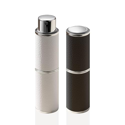 Cryslora Perfume Atomiser, Rotary Press Leather Refillable Perfume Bottle, High-end Portable Dispenser Bottle for Gift or Traveling, 0.3oz, 8 ml (White Black)