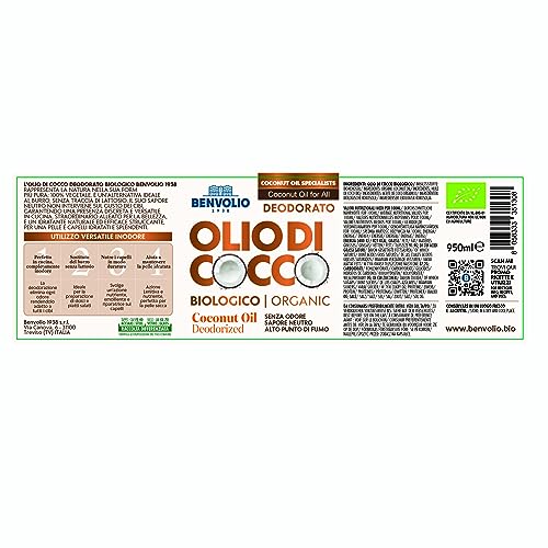 BENVOLIO - Olio di Cocco Biologico Deodorato | 950ml | Puro, Versatile e Inodore | Senza Lattosio | Idratante per Pelle e Capelli | Cucina e Cura Personale | Coconut Oil, Kokosöl