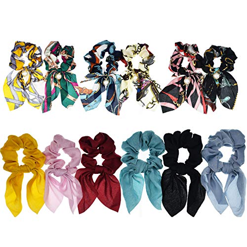 12 Pcs Hair Scrunchies Silk Scarf Ribbon Bow Scrunchies with Solid Colors, Bow Scrunchies for Hair, Silk Scrunchies, Cute Scrunchies,Soft Scarf Hair Ties Bowknot Ponytail Holder for Women Girls