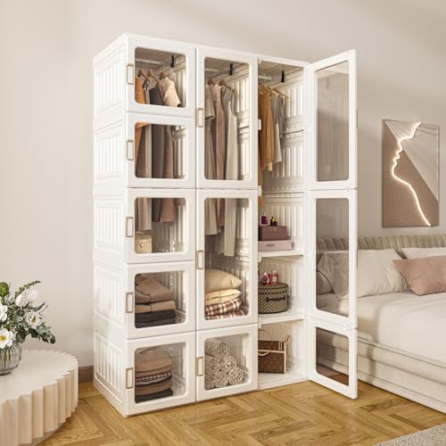 MAYIBOX Zusammenklappbarer Kleiderschrank,104x170x50cm, schnelle Montage, vielseitiger Schrank mit Kleiderstange und Magnettüren, perfekt für Schlafzimmer und Wohnzimmer, weiß tran