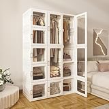 MAYIBOX Zusammenklappbarer Kleiderschrank,104x170x50cm, schnelle Montage, vielseitiger Schrank mit Kleiderstange und Magnettüren, perfekt für Schlafzimmer und Wohnzimmer, weiß transparente Türplatte