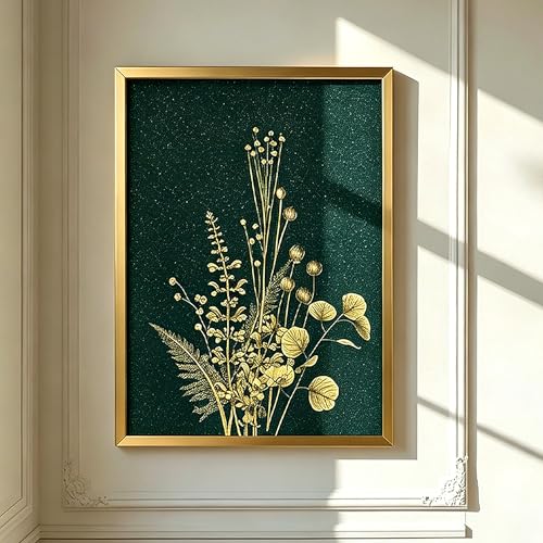 YBYBEST 12x16 Green and Gold Botanical Wall Art with Gold Frame, Shimmery Green Wall Art for Bathroom, Bedroom, Living Room and Entryway