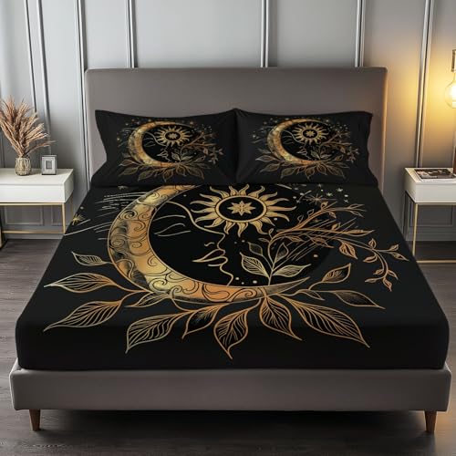 Fitted Sheet Full Size Bedding Set for Kids Girls Women Men Room Decor, Soft Microfiber & Deep Pocket & Wrinkle Free Simple Hand-Painted Moon Sun Bedding Sheets, Black Gold