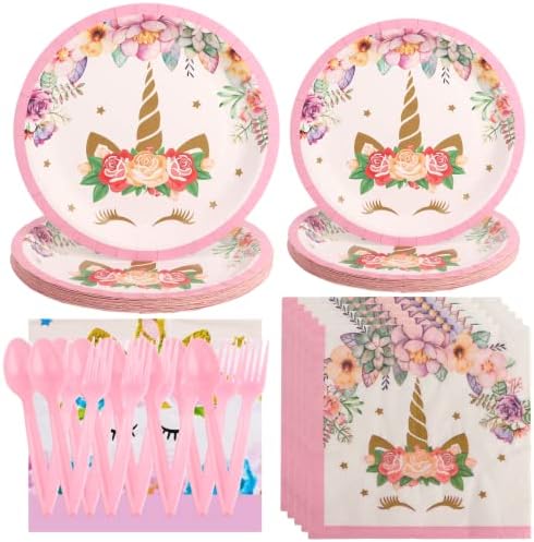 YHomU 121PCS Unicorn Party Supplies, Rainbow Unicorn Birthday Party Decoration Cartoon Floral Party Plates with Forks Spoons Unicorn Napkins Tablecloth for Children Girls Birthday Party Décor
