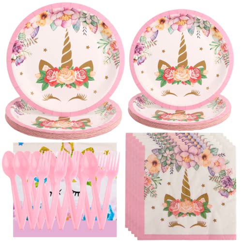 Yhomu 121Pcs Unicorn Party Supplies, Rainbow Unicorn Birthday Party Decoration Cartoon Floral Party Plates With Forks Spoons Unicorn Napkins Tablecloth For Children Girls Birthday Party Décor #TOP3